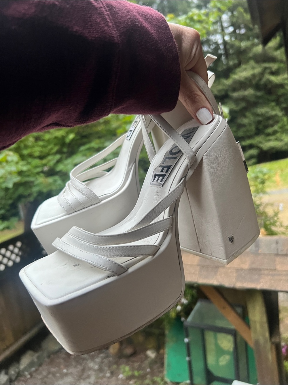 NAKED WOLFE Genuine Leather White Ivory Strappy Platform Chunky Sandals Heels - Picture 11 of 12